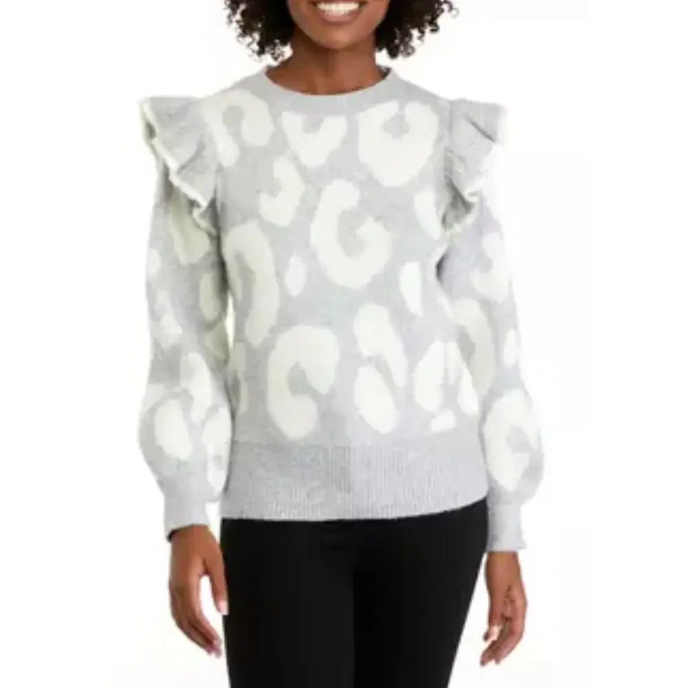 Crown & Ivy Ruffle Cable Jacquard Sweater – Gray & White – Women’s Medium